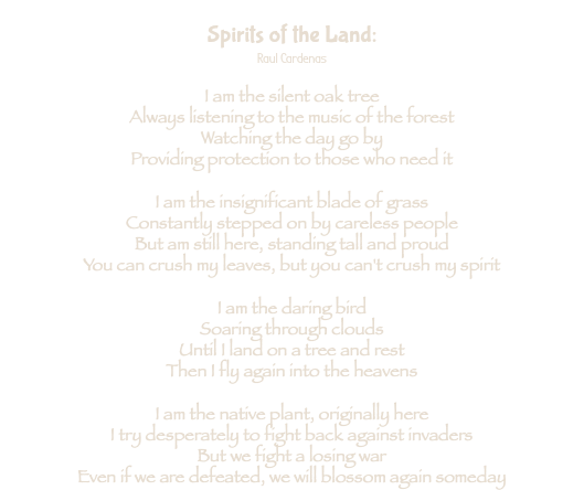 
Spirits of the Land:
Raul Cardenas I am the silent oak tree
Always listening to the music of the forest
Watching the day go by
Providing protection to those who need it I am the insignificant blade of grass
Constantly stepped on by careless people
But am still here, standing tall and proud
You can crush my leaves, but you can't crush my spirit I am the daring bird
Soaring through clouds
Until I land on a tree and rest
Then I fly again into the heavens I am the native plant, originally here
I try desperately to fight back against invaders
But we fight a losing war
Even if we are defeated, we will blossom again someday